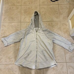 Free Spirit. Gray and white striped zip up hoodie. Women’s size large